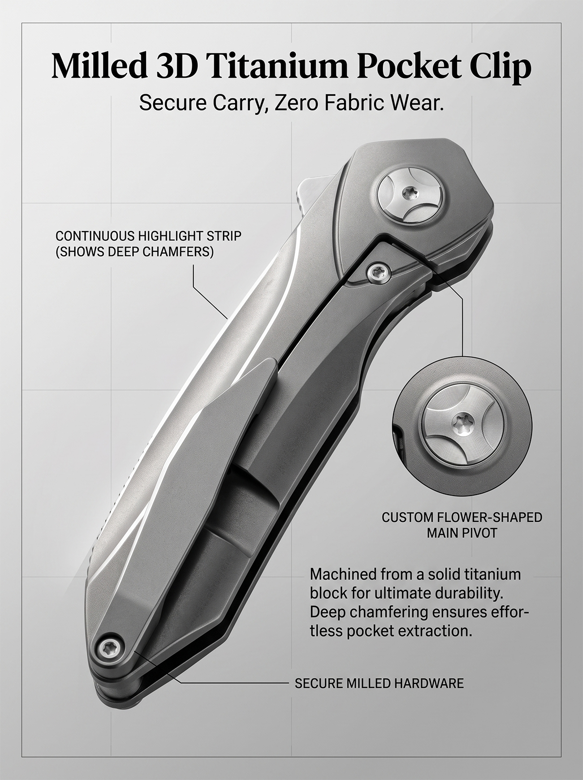 Close-up detail of CNC milled 3D titanium pocket clip and custom flower-shaped main pivot on folding EDC knife, featuring deep chamfered edges for secure carry and zero fabric wear.
