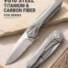 Fox Series premium EDC folding knife featuring Takefu VG10 satin drop-point blade, 3D CNC machined titanium frame lock handle with marbled carbon fiber inlay, front flipper mechanism, and milled 3D titanium pocket clip.