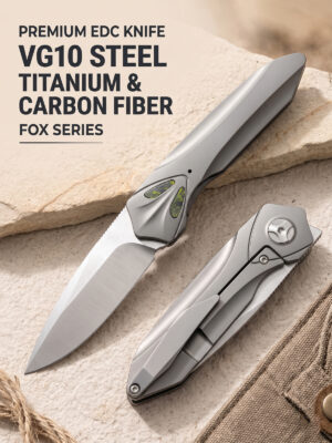 Fox Series premium EDC folding knife featuring Takefu VG10 satin drop-point blade, 3D CNC machined titanium frame lock handle with marbled carbon fiber inlay, front flipper mechanism, and milled 3D titanium pocket clip.
