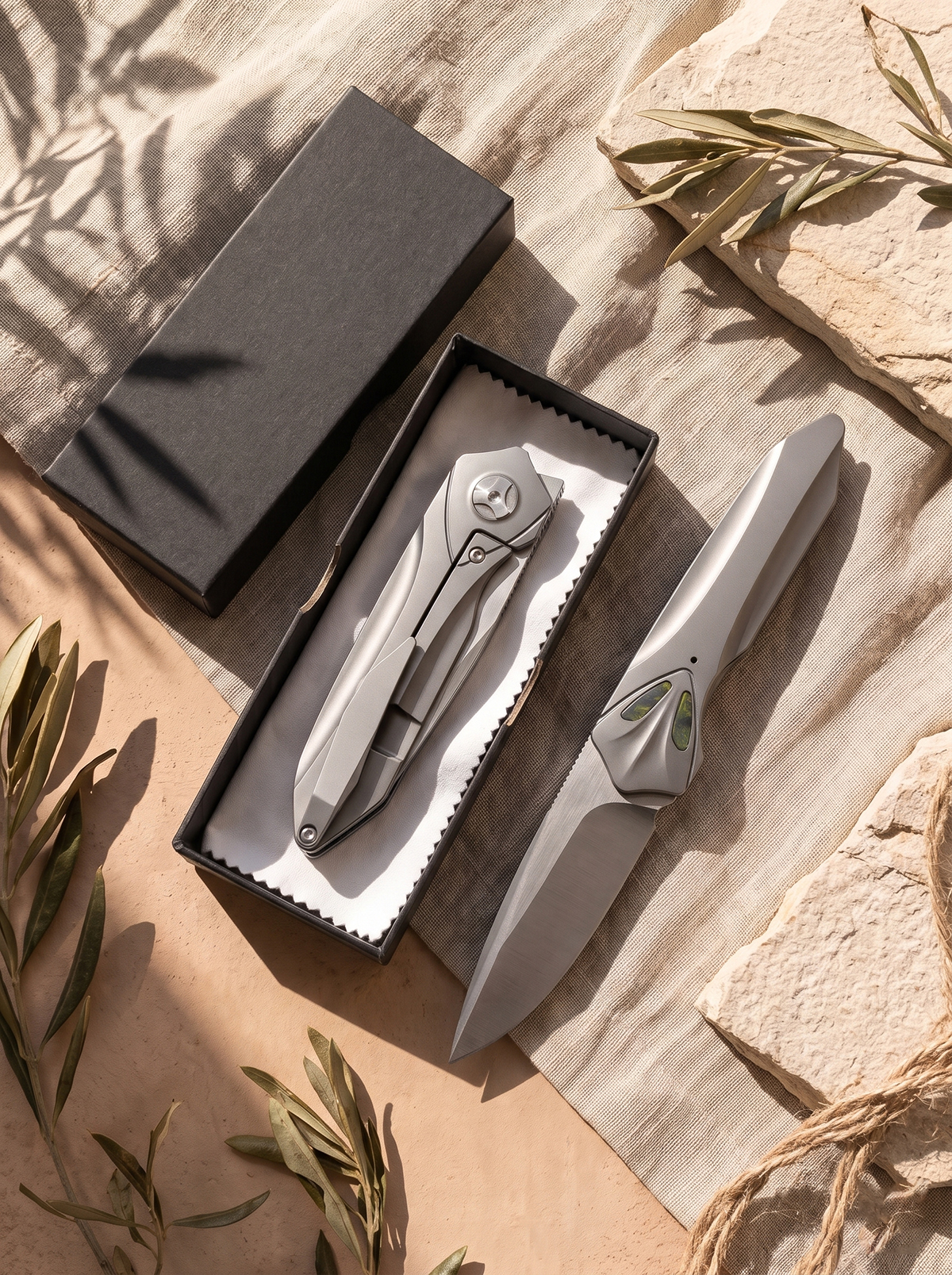 Premium titanium EDC folding knife with Takefu VG10 satin blade shown deployed and closed inside an elegant black gift box with cleaning cloth.