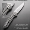 Close-up of titanium frame lock and front flipper mechanism on VG10 EDC folding knife, highlighting rock-solid zero blade play lockup and smooth ceramic ball bearings one-handed deployment.