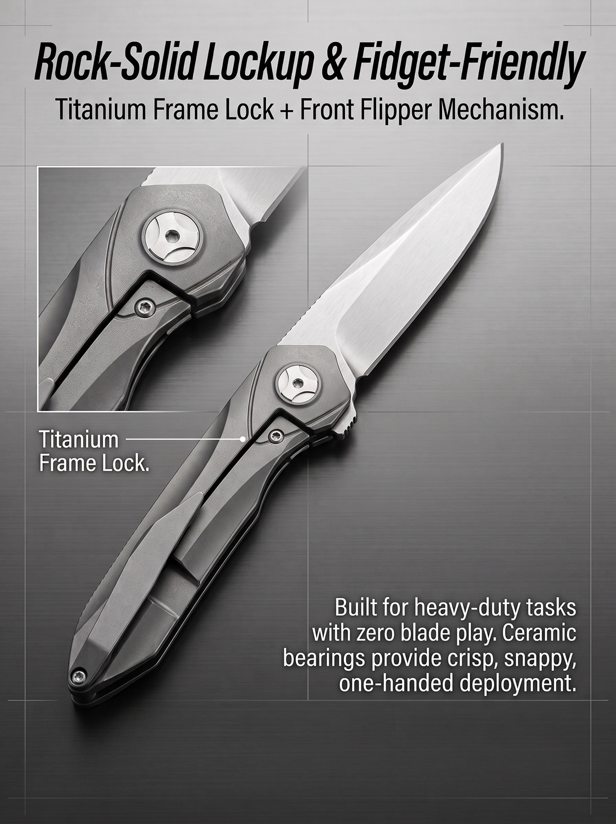Close-up of titanium frame lock and front flipper mechanism on VG10 EDC folding knife, highlighting rock-solid zero blade play lockup and smooth ceramic ball bearings one-handed deployment.